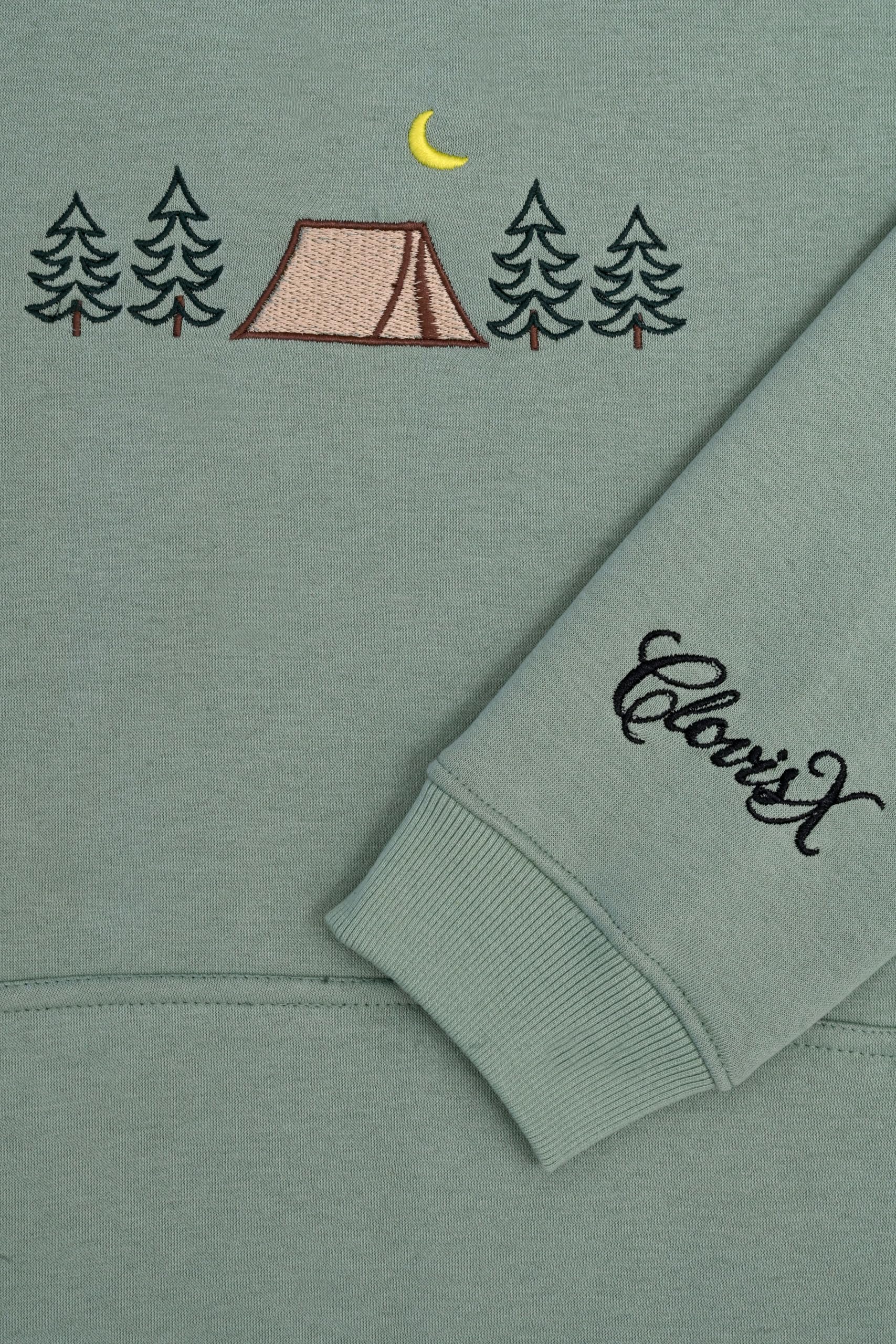 CLOVISX Nightfall Camp Embroidery Hoodie (Soft Sage) – 380 GSM Heavyweight Fleece Unisex Pullover, 80/20 Cotton Blend, Kangaroo Pocket