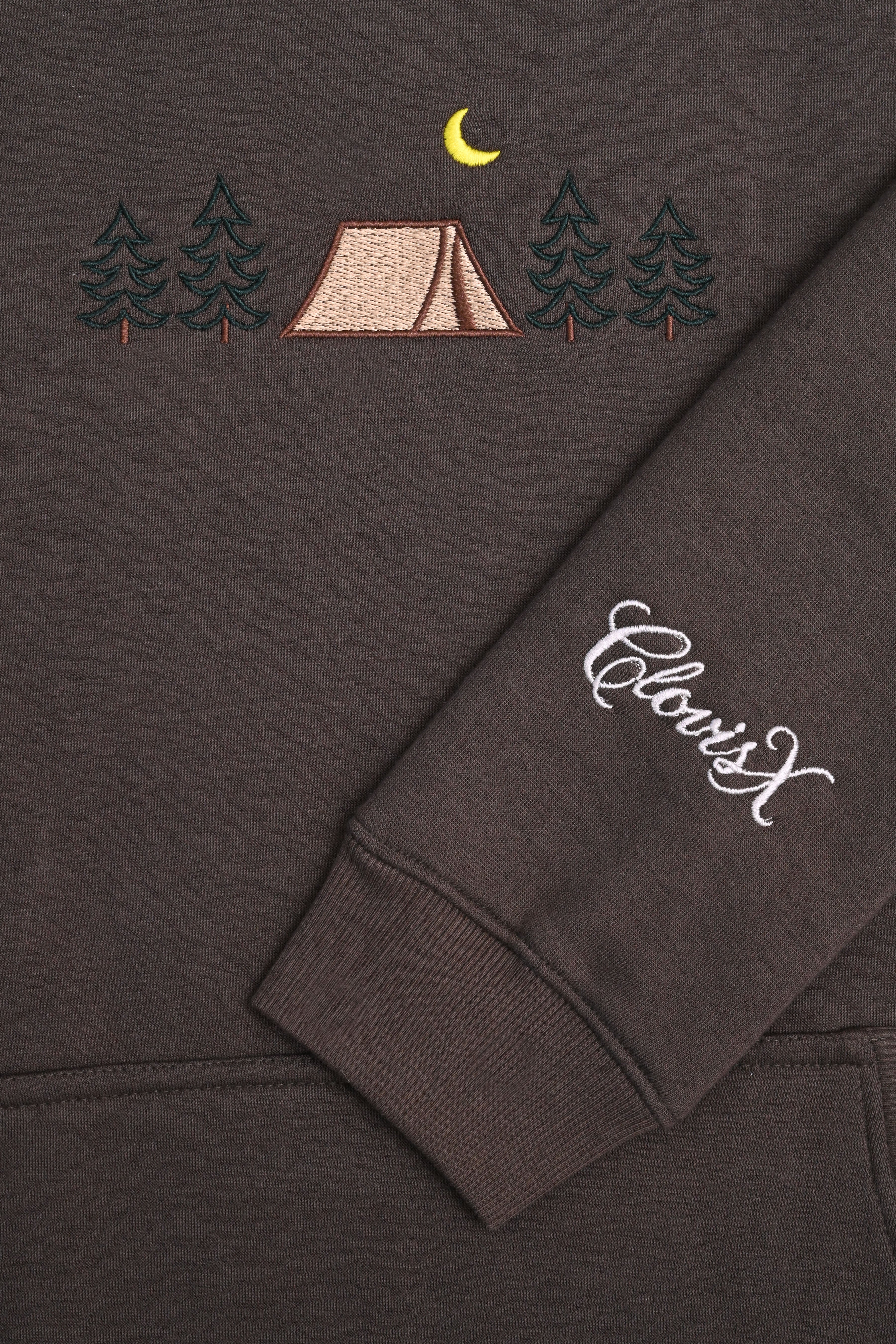 CLOVISX Nightfall Camp Embroidery Hoodie (Smoked Stone) – 380 GSM Heavyweight Fleece Unisex Pullover, 80/20 Cotton Blend, Kangaroo Pocket