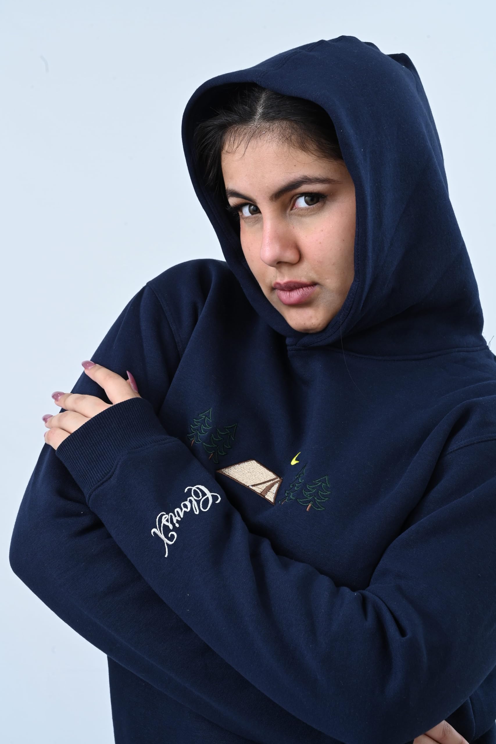 CLOVISX Nightfall Camp Embroidery Hoodie (Royal Midnight) – 380 GSM Heavyweight Fleece Unisex Pullover, 80/20 Cotton Blend, Kangaroo Pocket
