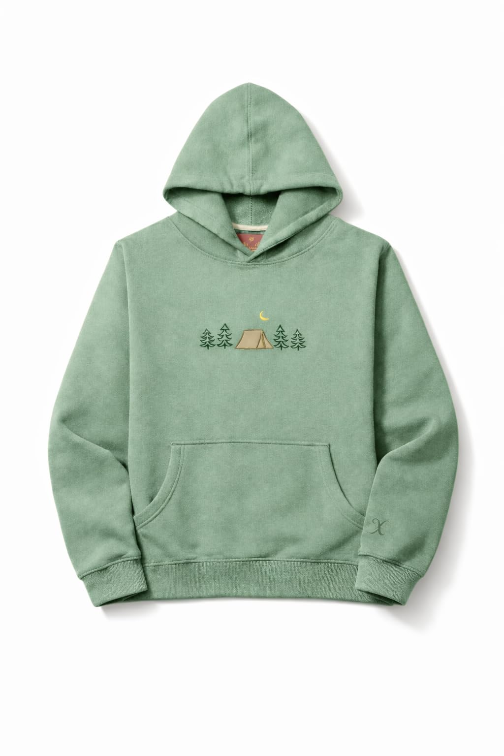 CLOVISX Nightfall Camp Embroidery Hoodie (Soft Sage) – 380 GSM Heavyweight Fleece Unisex Pullover, 80/20 Cotton Blend, Kangaroo Pocket
