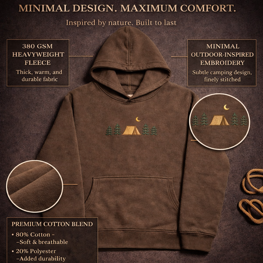 CLOVISX Nightfall Camp Embroidery Hoodie (Smoked Stone) – 380 GSM Heavyweight Fleece Unisex Pullover, 80/20 Cotton Blend, Kangaroo Pocket