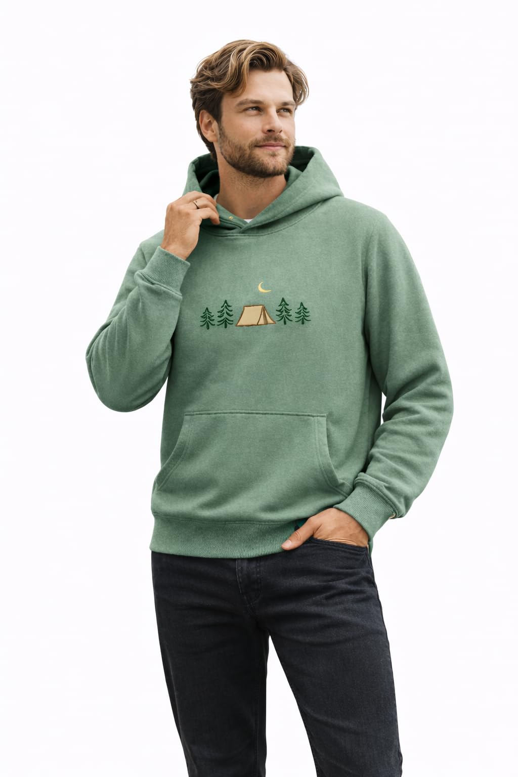CLOVISX Nightfall Camp Embroidery Hoodie (Soft Sage) – 380 GSM Heavyweight Fleece Unisex Pullover, 80/20 Cotton Blend, Kangaroo Pocket