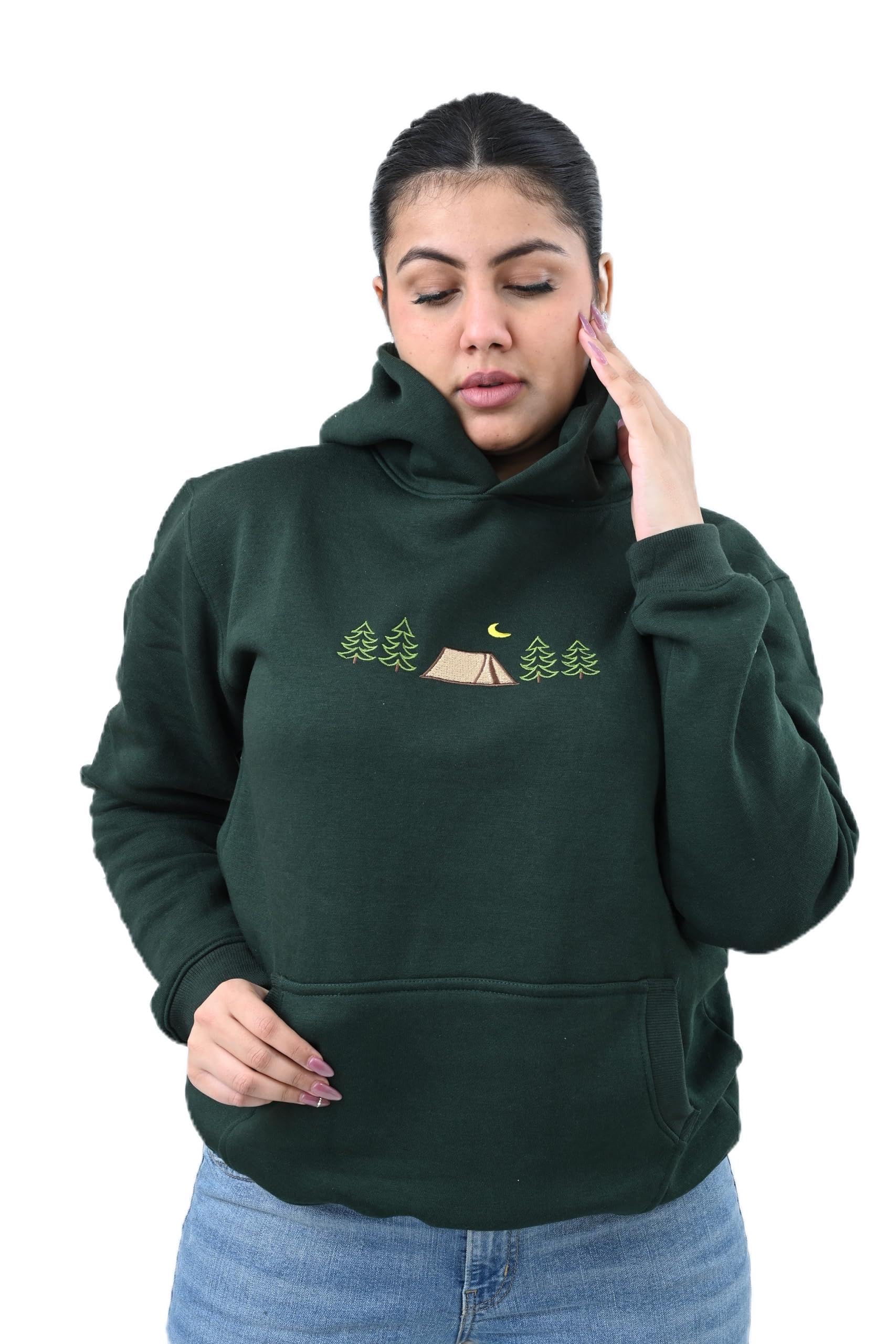 CLOVISX Nightfall Camp Embroidery Hoodie (Emerald Forest) – 380 GSM Heavyweight Fleece Unisex Pullover, 80/20 Cotton Blend, Kangaroo Pocket