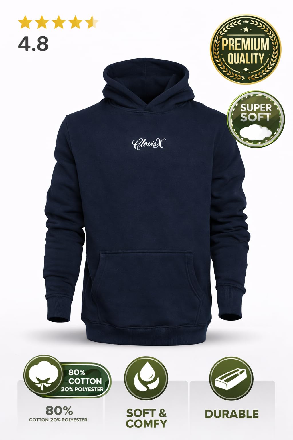 CLOVISX Signature Script Embroidery Hoodie (Onyx Black) – 380 GSM Heavyweight Fleece Unisex Pullover, 80/20 Cotton Blend, Kangaroo Pocket