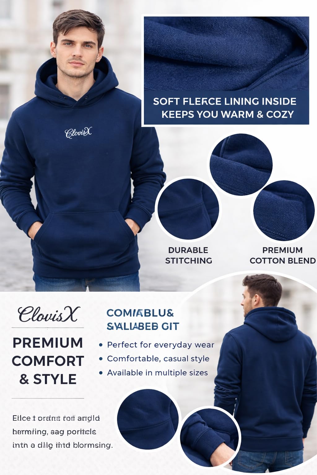 CLOVISX Signature Script Embroidery Hoodie (Royal Midnight) – 380 GSM Heavyweight Fleece Unisex Pullover, 80/20 Cotton Blend, Kangaroo Pocket