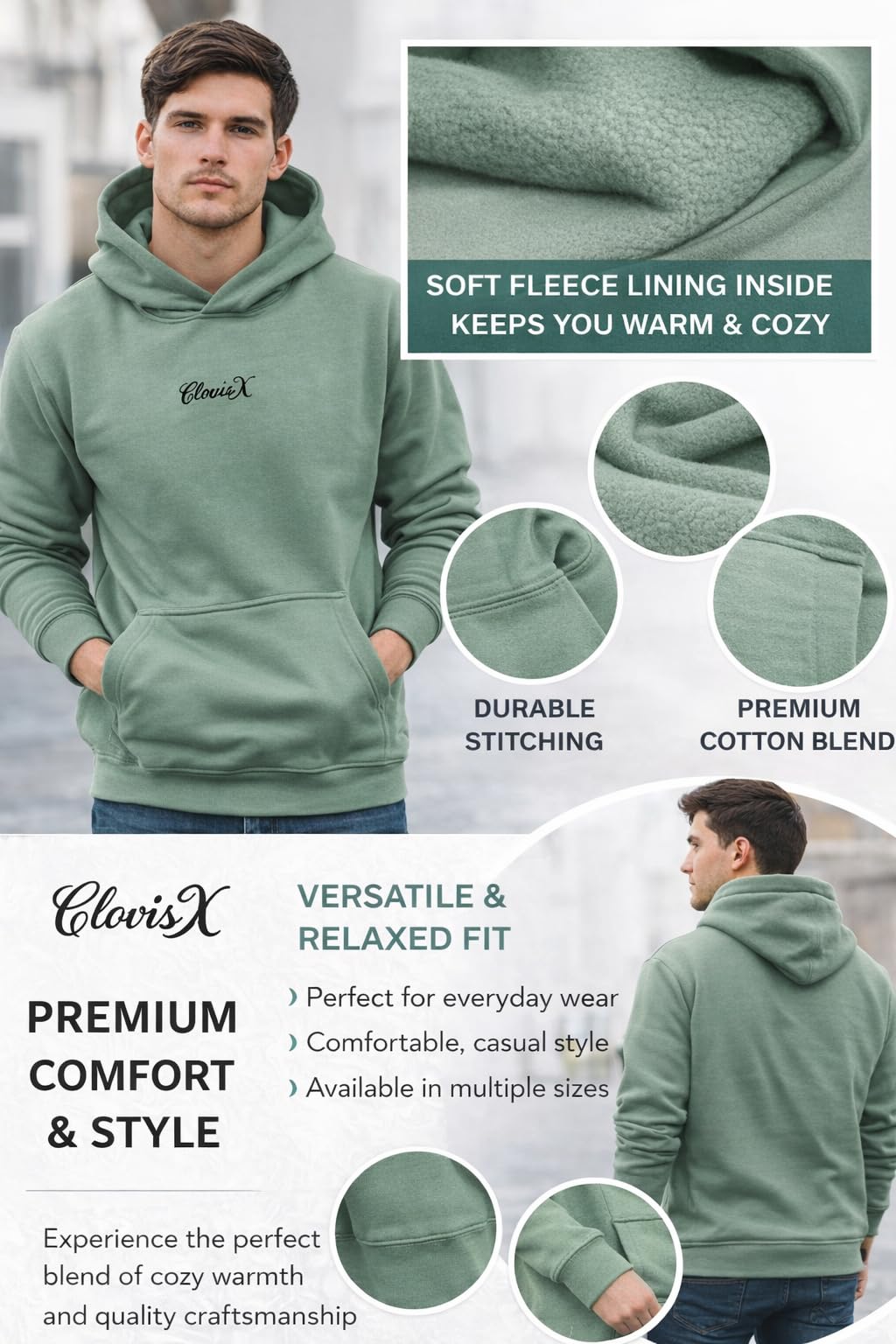 CLOVISX Signature Script Embroidery Hoodie (Soft Sage) – 380 GSM Heavyweight Fleece Unisex Pullover, 80/20 Cotton Blend, Kangaroo Pocket
