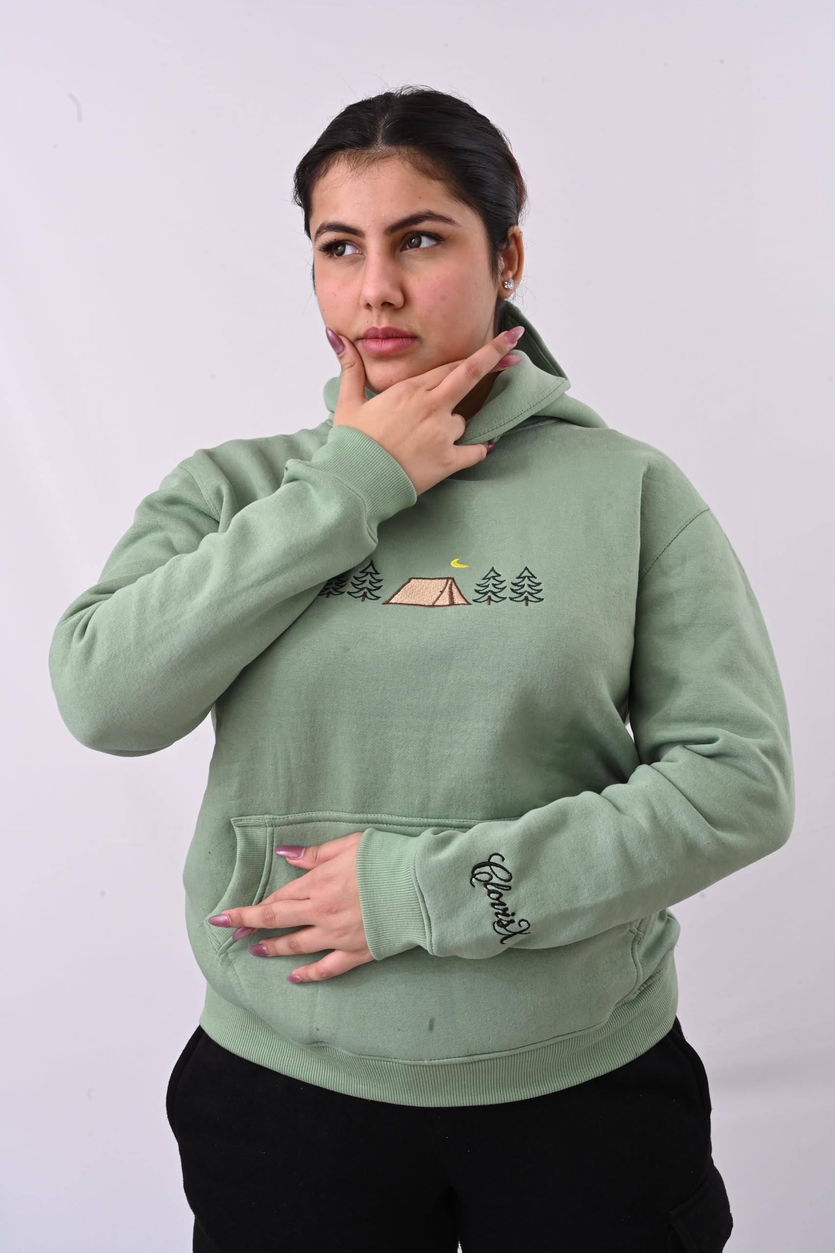 CLOVISX Nightfall Camp Embroidery Hoodie (Soft Sage) – 380 GSM Heavyweight Fleece Unisex Pullover, 80/20 Cotton Blend, Kangaroo Pocket