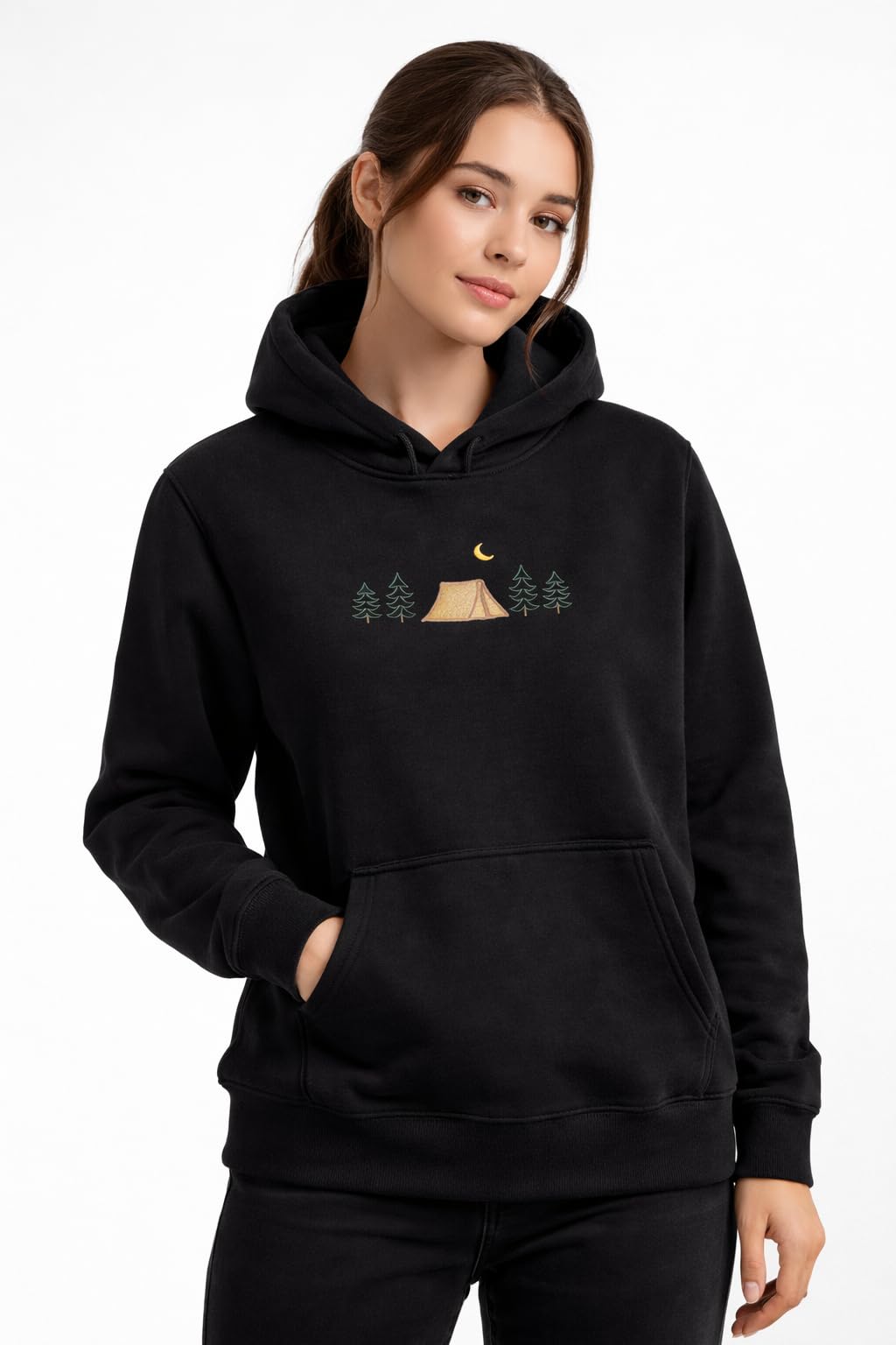 CLOVISX Nightfall Camp Embroidery Hoodie (Onyx Black) – 380 GSM Heavyweight Fleece Unisex Pullover, 80/20 Cotton Blend, Kangaroo Pocket