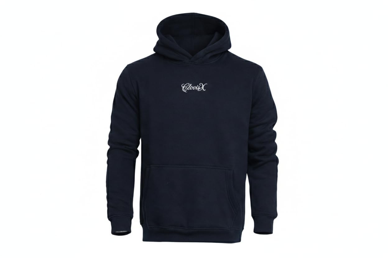 CLOVISX Signature Script Embroidery Hoodie (Onyx Black) – 380 GSM Heavyweight Fleece Unisex Pullover, 80/20 Cotton Blend, Kangaroo Pocket