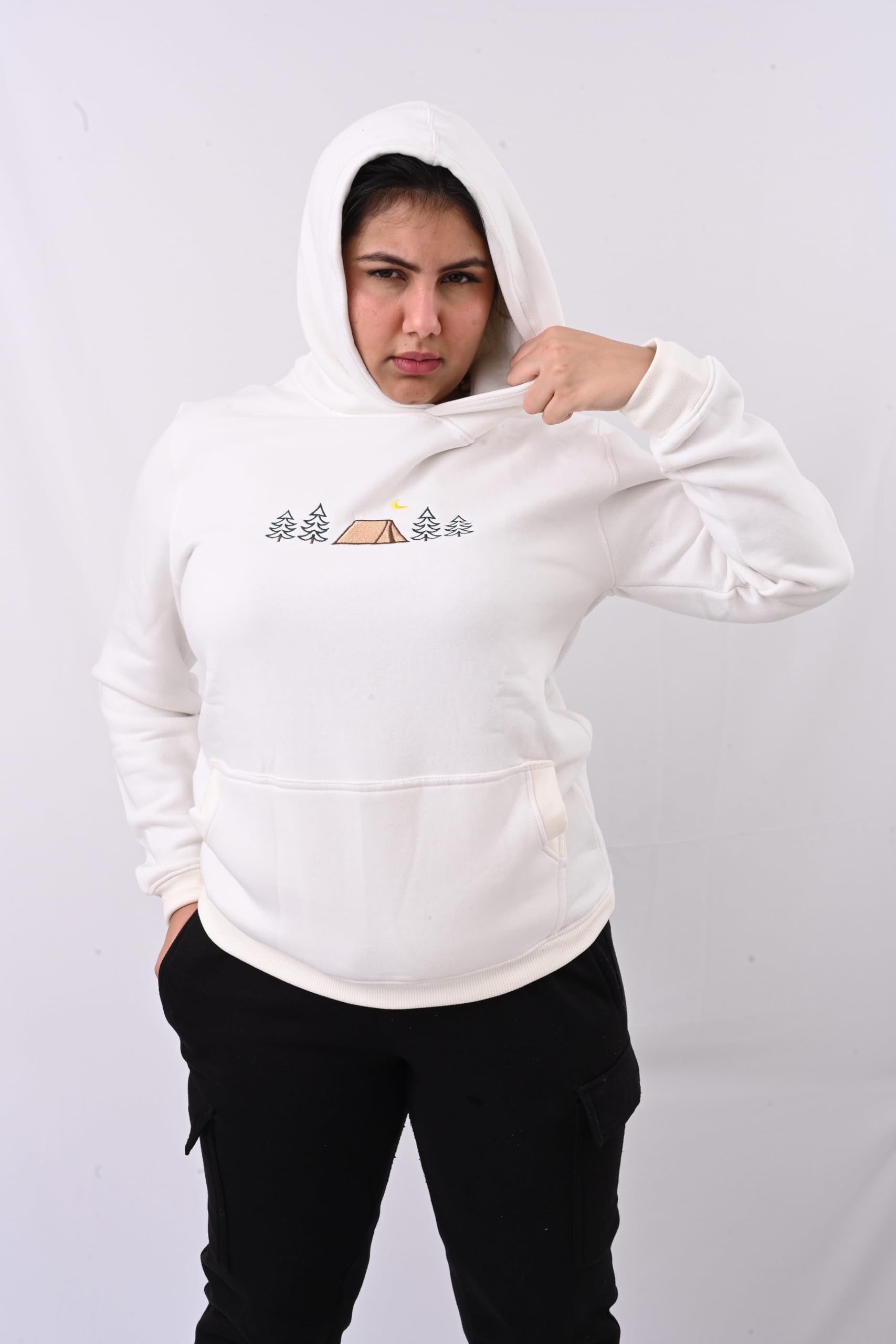 CLOVISX Nightfall Camp Embroidery Hoodie (Porcelain Ivory) – 380 GSM Heavyweight Fleece Unisex Pullover, 80/20 Cotton Blend, Kangaroo Pocket