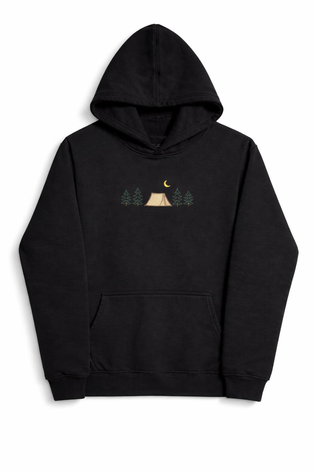 CLOVISX Nightfall Camp Embroidery Hoodie (Onyx Black) – 380 GSM Heavyweight Fleece Unisex Pullover, 80/20 Cotton Blend, Kangaroo Pocket