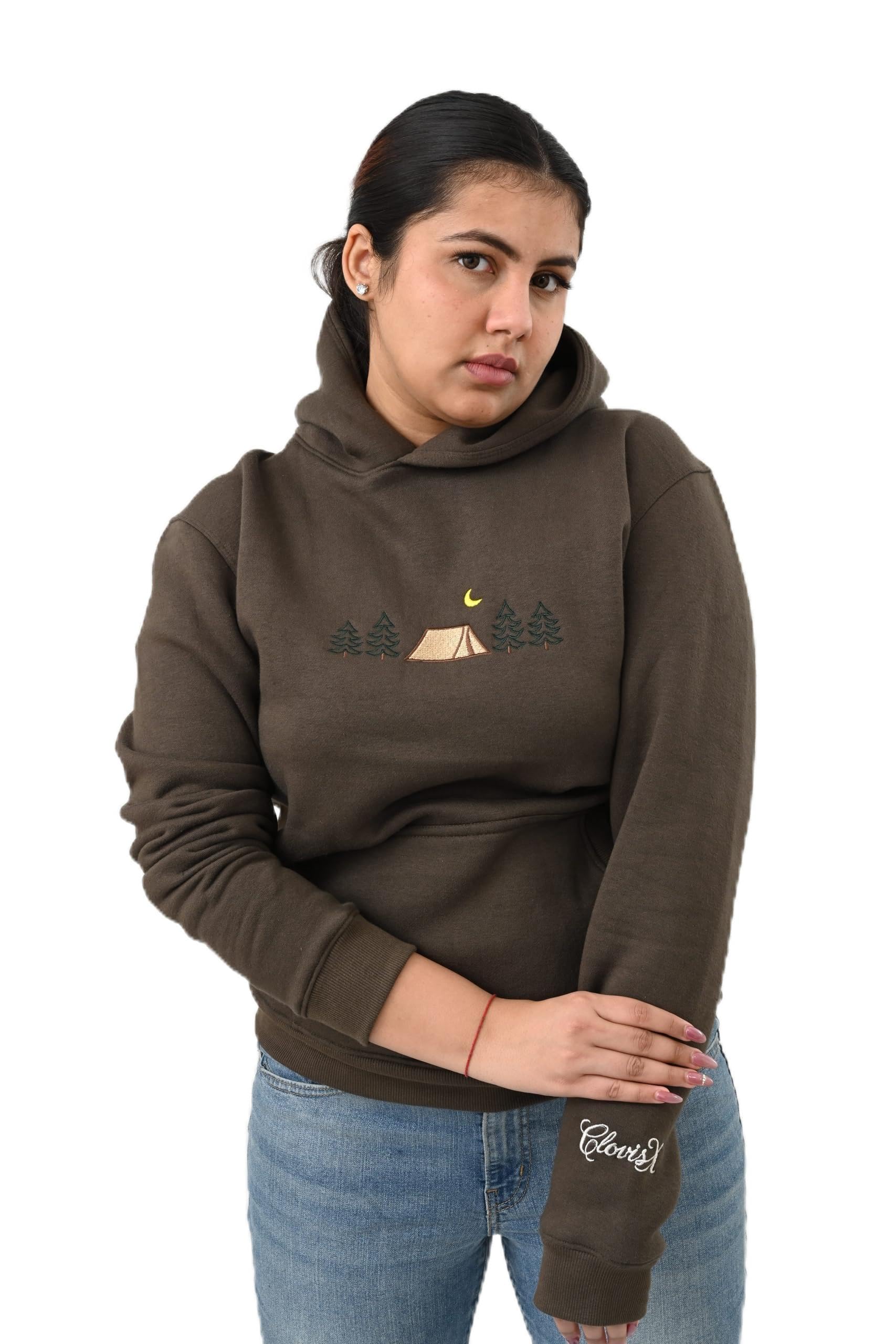 CLOVISX Nightfall Camp Embroidery Hoodie (Smoked Stone) – 380 GSM Heavyweight Fleece Unisex Pullover, 80/20 Cotton Blend, Kangaroo Pocket
