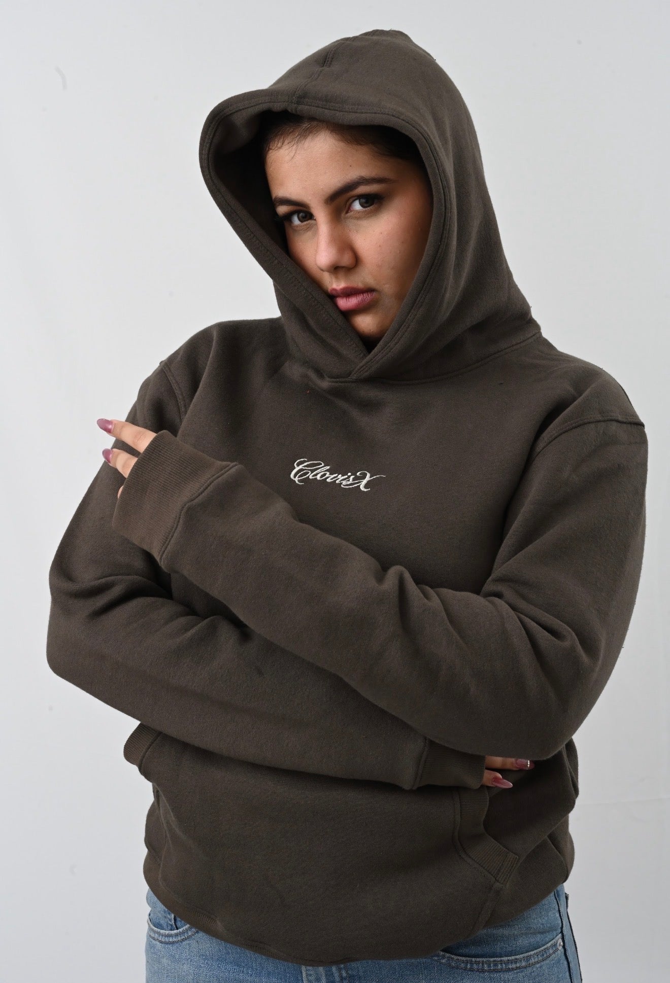CLOVISX Signature Script Embroidery Hoodie (Smoked Stone) – 380 GSM Heavyweight Fleece Unisex Pullover, 80/20 Cotton Blend, Kangaroo Pocket