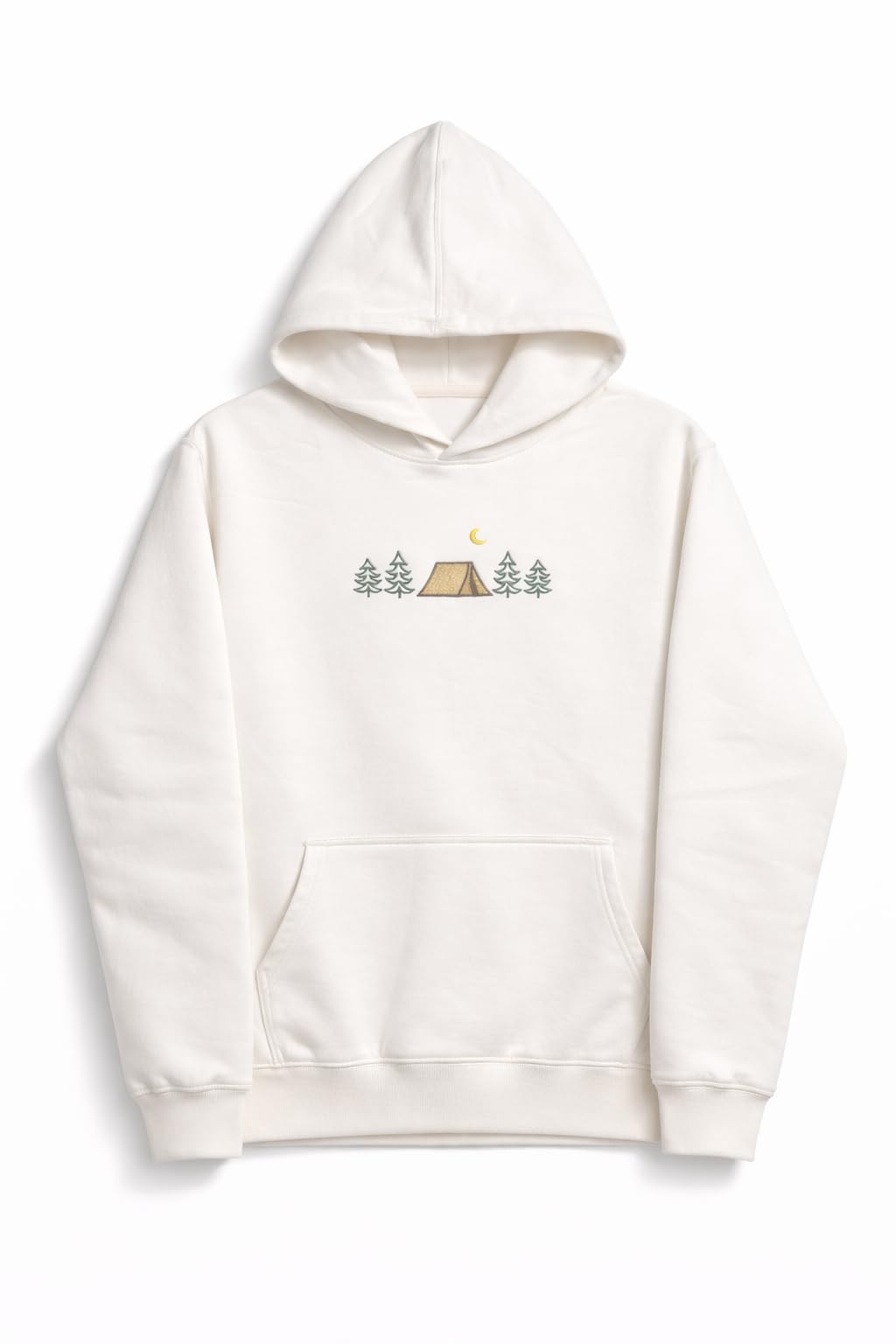 CLOVISX Nightfall Camp Embroidery Hoodie (Porcelain Ivory) – 380 GSM Heavyweight Fleece Unisex Pullover, 80/20 Cotton Blend, Kangaroo Pocket