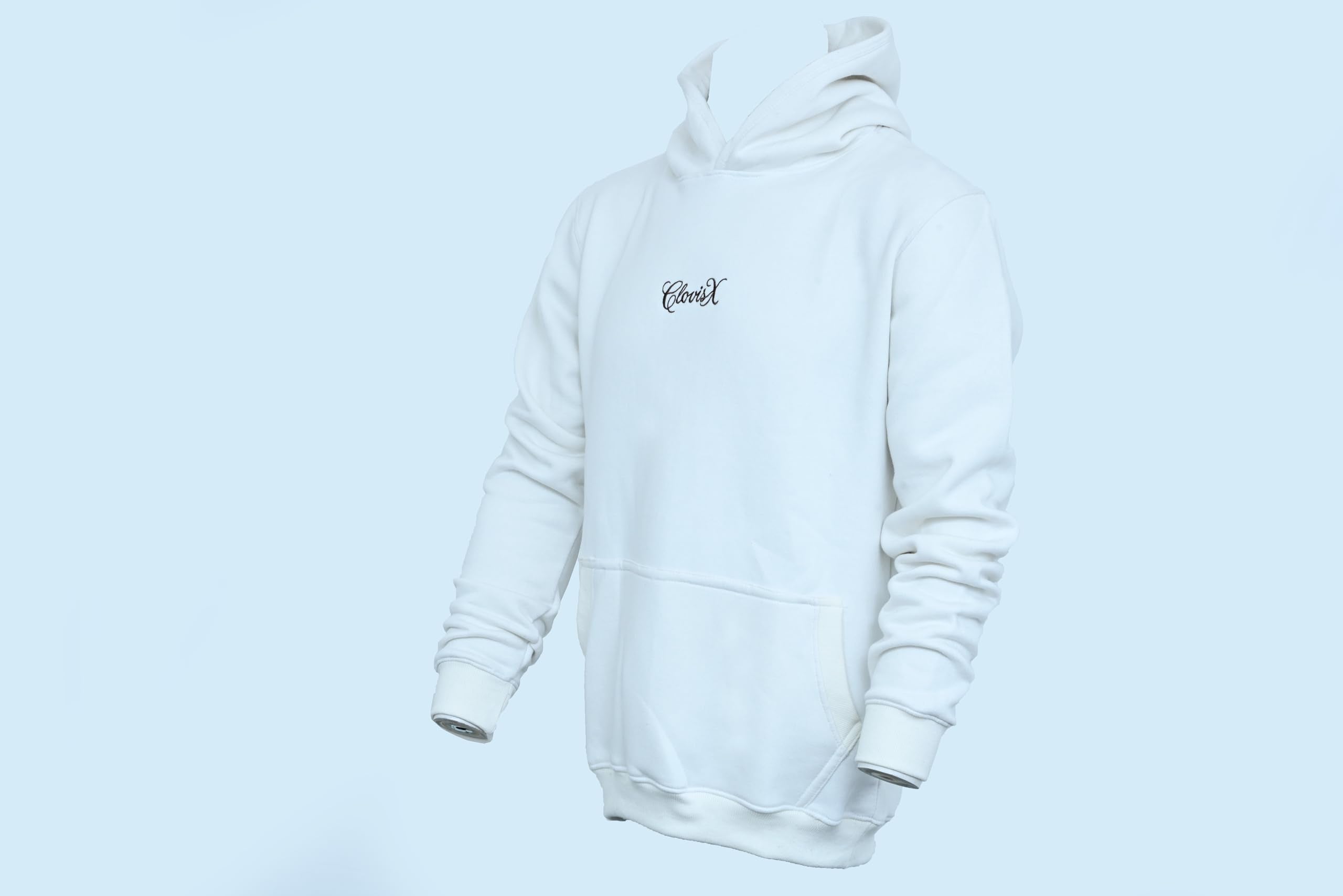 CLOVISX Signature Script Embroidery Hoodie (Porcelain Ivory) – 380 GSM Heavyweight Fleece Unisex Pullover, 80/20 Cotton Blend, Kangaroo Pocket