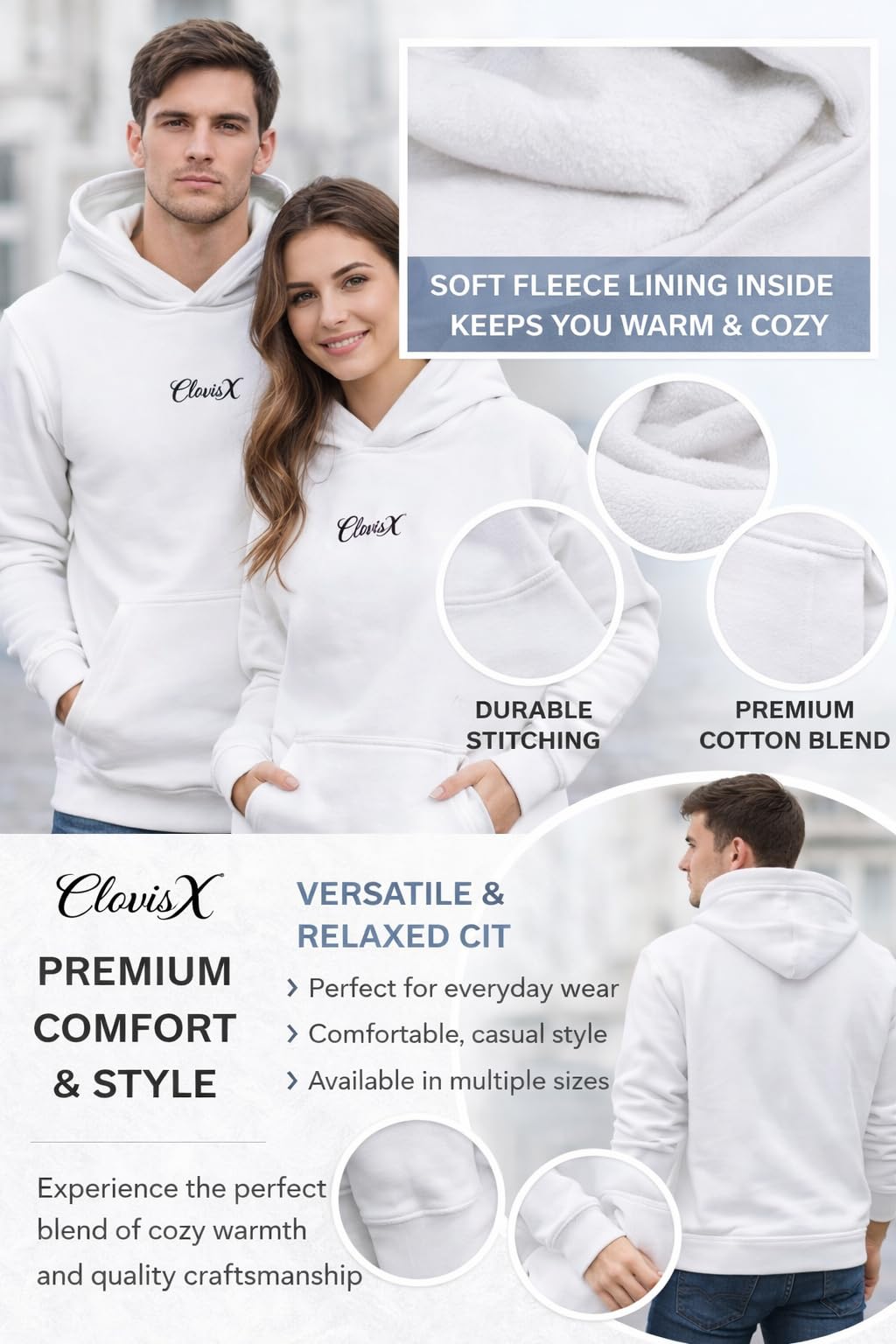 CLOVISX Signature Script Embroidery Hoodie (Porcelain Ivory) – 380 GSM Heavyweight Fleece Unisex Pullover, 80/20 Cotton Blend, Kangaroo Pocket