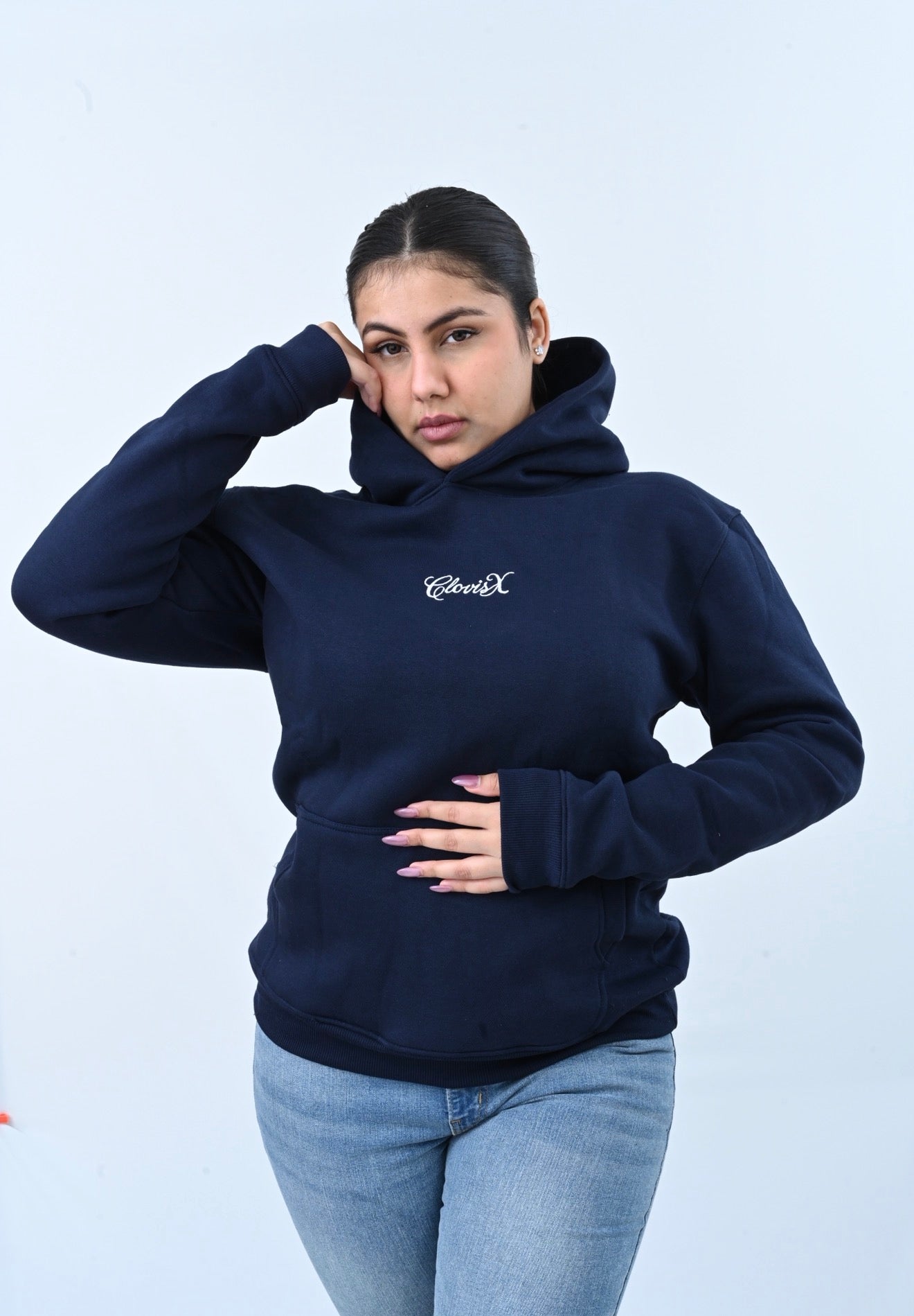 CLOVISX Signature Script Embroidery Hoodie (Royal Midnight) – 380 GSM Heavyweight Fleece Unisex Pullover, 80/20 Cotton Blend, Kangaroo Pocket