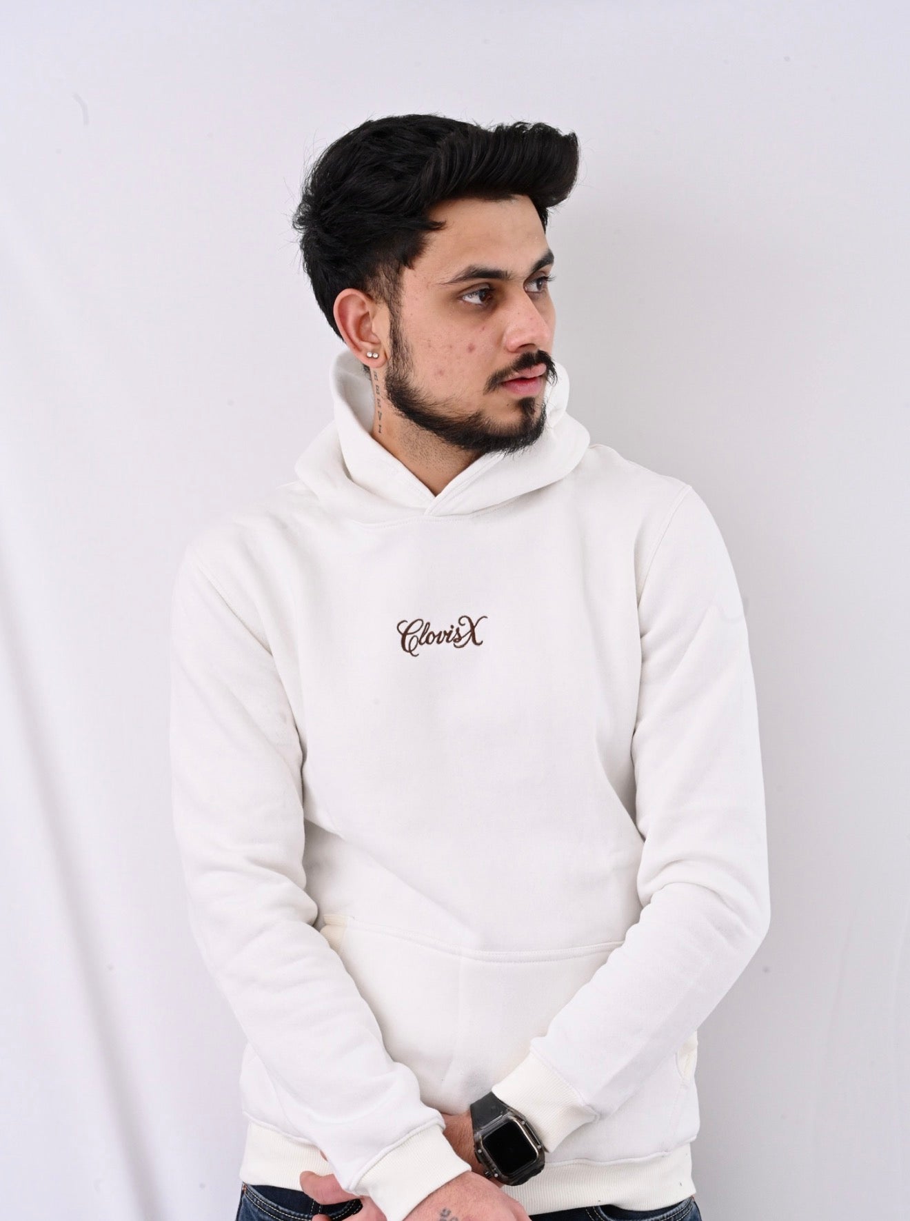 CLOVISX Signature Script Embroidery Hoodie (Porcelain Ivory) – 380 GSM Heavyweight Fleece Unisex Pullover, 80/20 Cotton Blend, Kangaroo Pocket