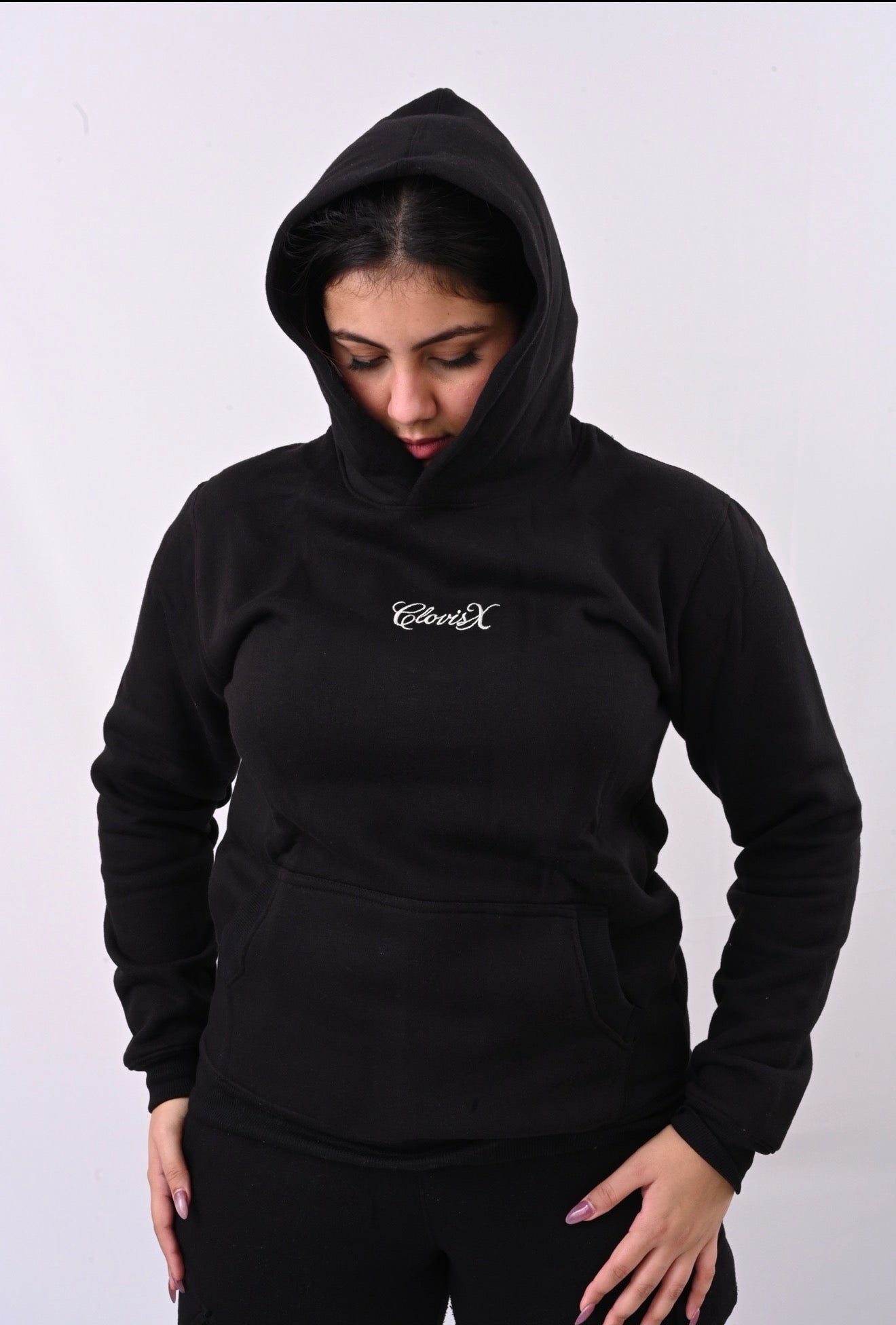 CLOVISX Signature Script Embroidery Hoodie (Onyx Black) – 380 GSM Heavyweight Fleece Unisex Pullover, 80/20 Cotton Blend, Kangaroo Pocket