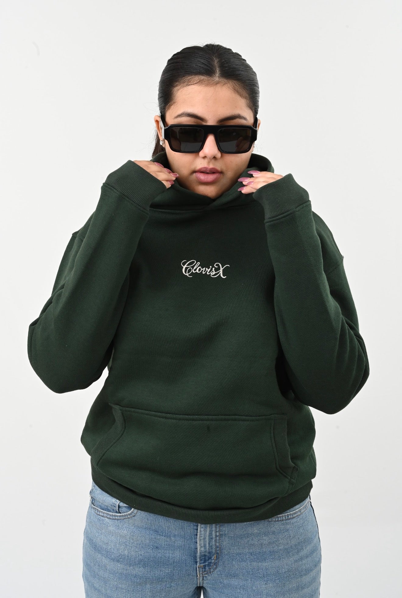CLOVISX Signature Script Embroidery Hoodie (Emerald Forest) – 380 GSM Heavyweight Fleece Unisex Pullover, 80/20 Cotton Blend, Kangaroo Pocket