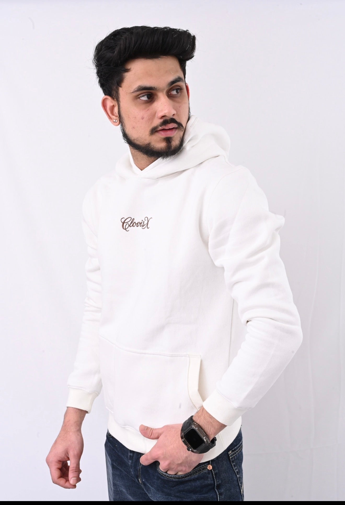 CLOVISX Signature Script Embroidery Hoodie (Porcelain Ivory) – 380 GSM Heavyweight Fleece Unisex Pullover, 80/20 Cotton Blend, Kangaroo Pocket