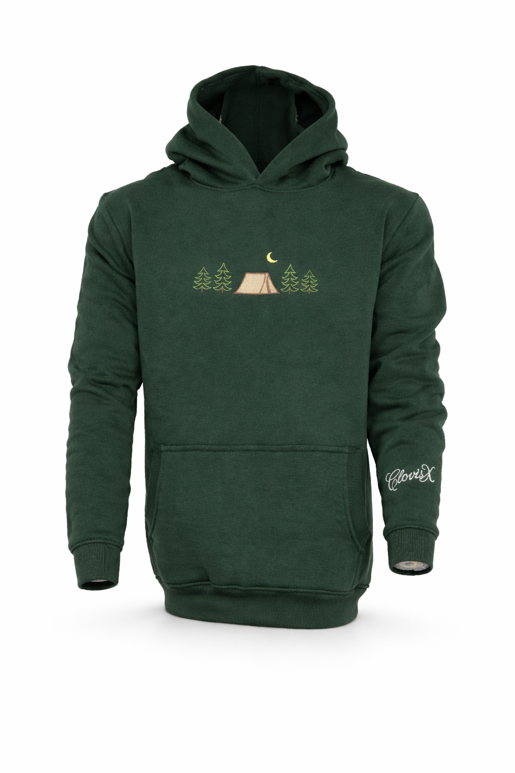 CLOVISX Nightfall Camp Embroidery Hoodie (Emerald Forest) – 380 GSM Heavyweight Fleece Unisex Pullover, 80/20 Cotton Blend, Kangaroo Pocket