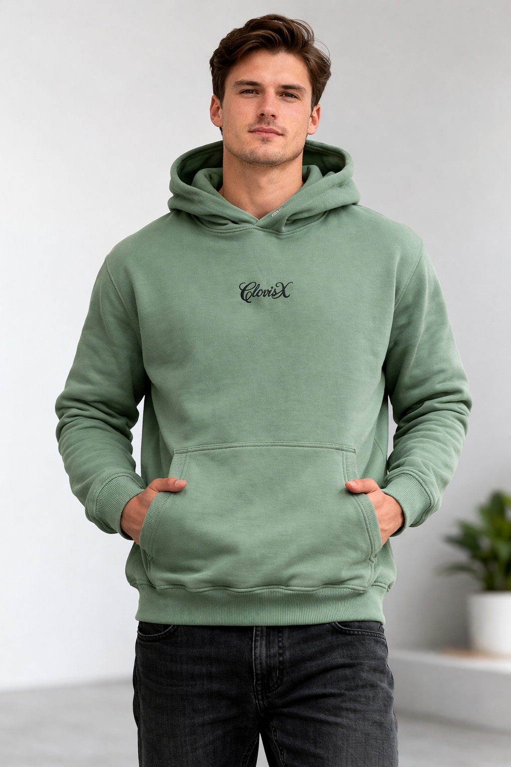 CLOVISX Signature Script Embroidery Hoodie (Soft Sage) – 380 GSM Heavyweight Fleece Unisex Pullover, 80/20 Cotton Blend, Kangaroo Pocket