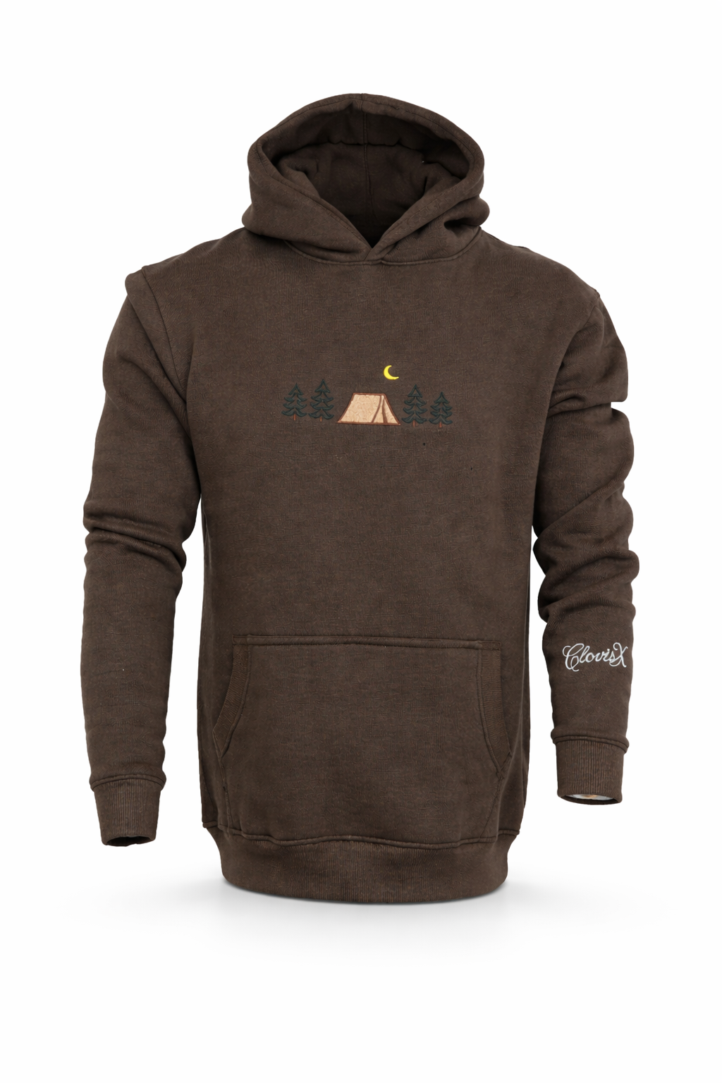 CLOVISX Nightfall Camp Embroidery Hoodie (Smoked Stone) – 380 GSM Heavyweight Fleece Unisex Pullover, 80/20 Cotton Blend, Kangaroo Pocket