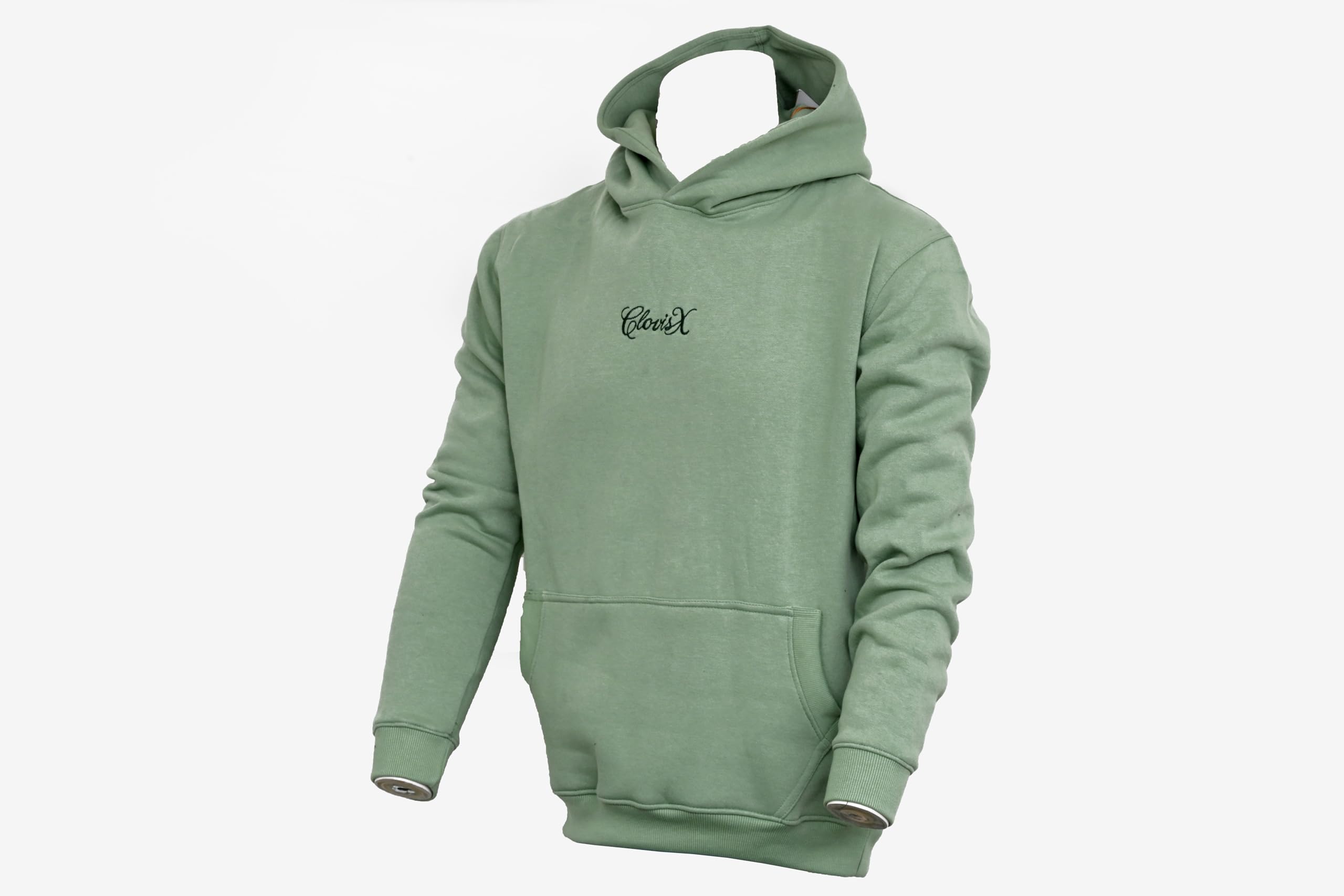 CLOVISX Signature Script Embroidery Hoodie (Soft Sage) – 380 GSM Heavyweight Fleece Unisex Pullover, 80/20 Cotton Blend, Kangaroo Pocket