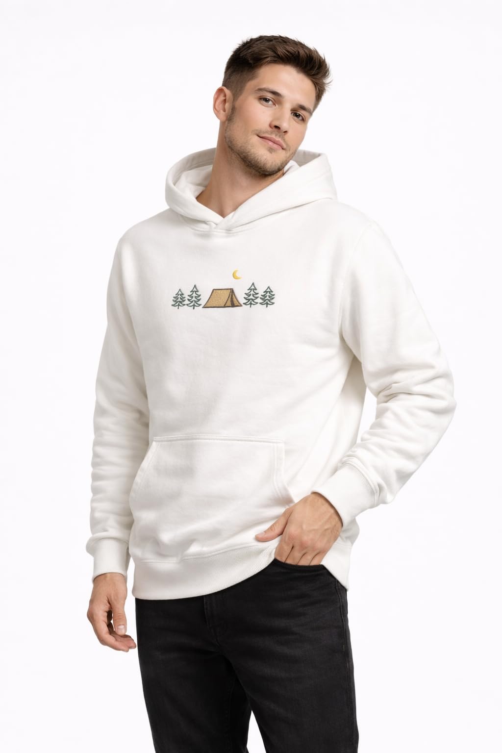 CLOVISX Nightfall Camp Embroidery Hoodie (Porcelain Ivory) – 380 GSM Heavyweight Fleece Unisex Pullover, 80/20 Cotton Blend, Kangaroo Pocket