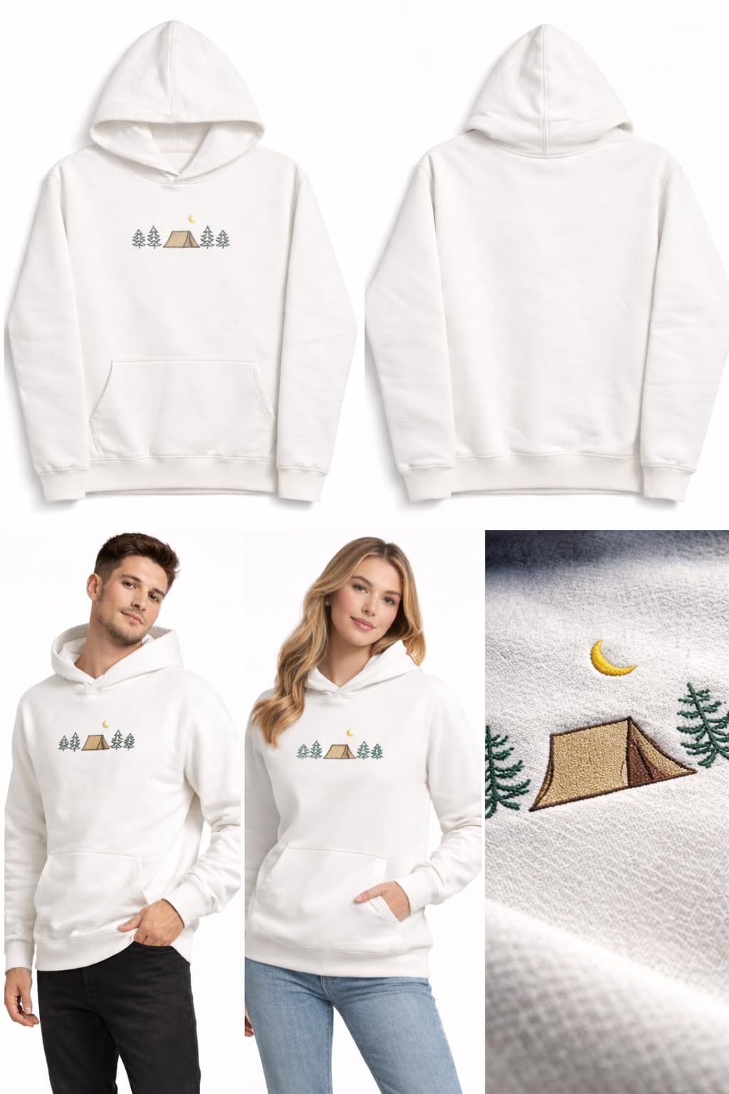 CLOVISX Nightfall Camp Embroidery Hoodie (Porcelain Ivory) – 380 GSM Heavyweight Fleece Unisex Pullover, 80/20 Cotton Blend, Kangaroo Pocket