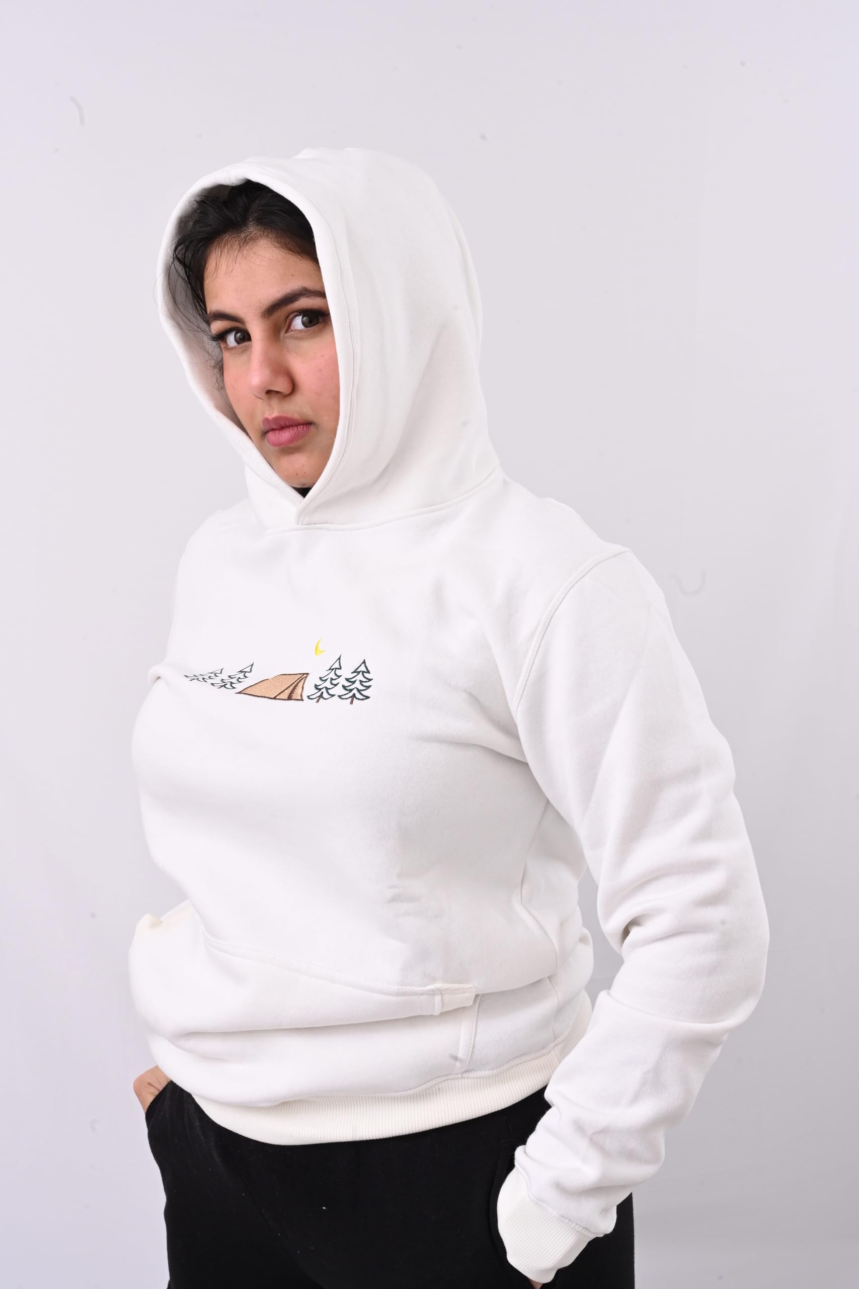 CLOVISX Nightfall Camp Embroidery Hoodie (Porcelain Ivory) – 380 GSM Heavyweight Fleece Unisex Pullover, 80/20 Cotton Blend, Kangaroo Pocket