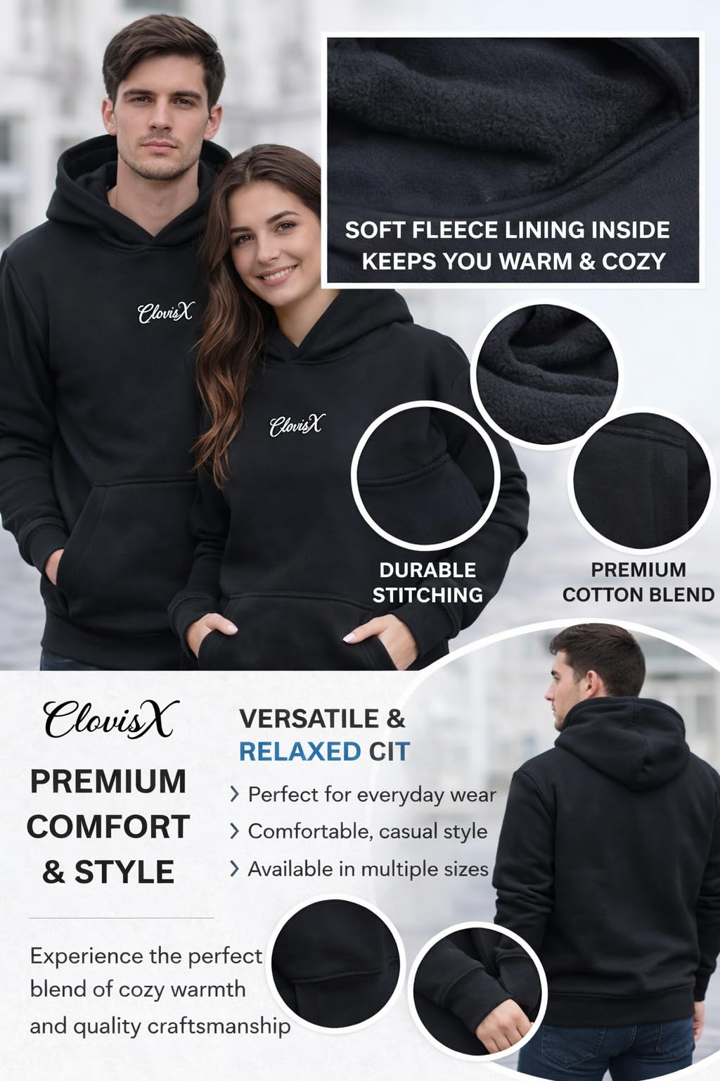 CLOVISX Signature Script Embroidery Hoodie (Onyx Black) – 380 GSM Heavyweight Fleece Unisex Pullover, 80/20 Cotton Blend, Kangaroo Pocket