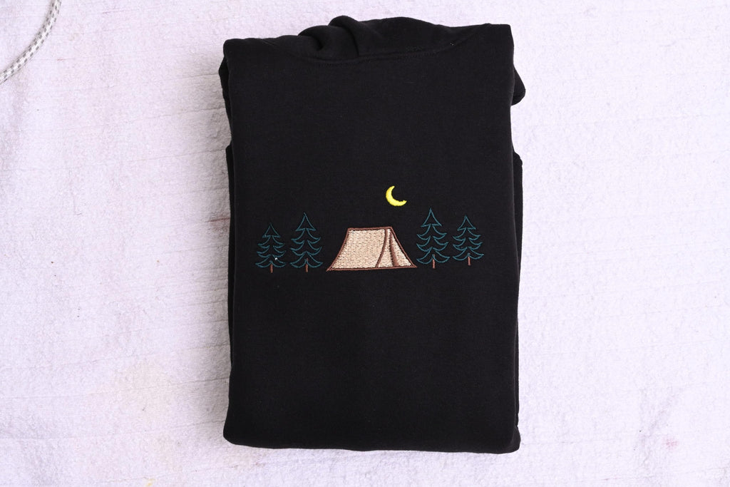 CLOVISX Nightfall Camp Embroidery Hoodie (Onyx Black) – 380 GSM Heavyweight Fleece Unisex Pullover, 80/20 Cotton Blend, Kangaroo Pocket