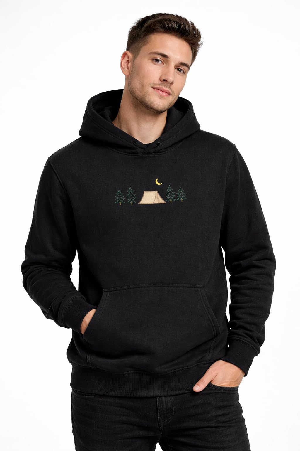 CLOVISX Nightfall Camp Embroidery Hoodie (Onyx Black) – 380 GSM Heavyweight Fleece Unisex Pullover, 80/20 Cotton Blend, Kangaroo Pocket
