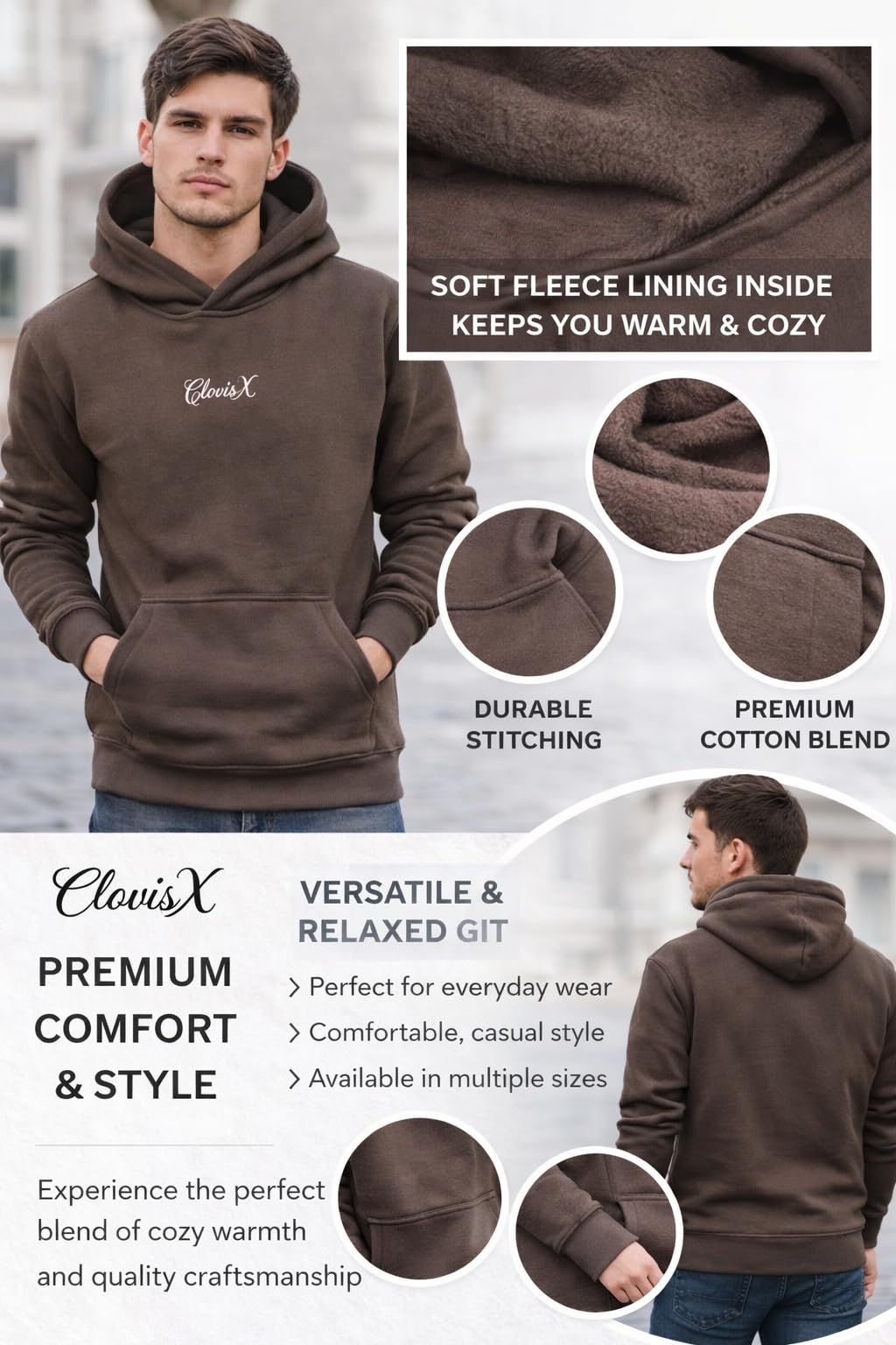 CLOVISX Nightfall Camp Embroidery Hoodie (Smoked Stone) – 380 GSM Heavyweight Fleece Unisex Pullover, 80/20 Cotton Blend, Kangaroo Pocket