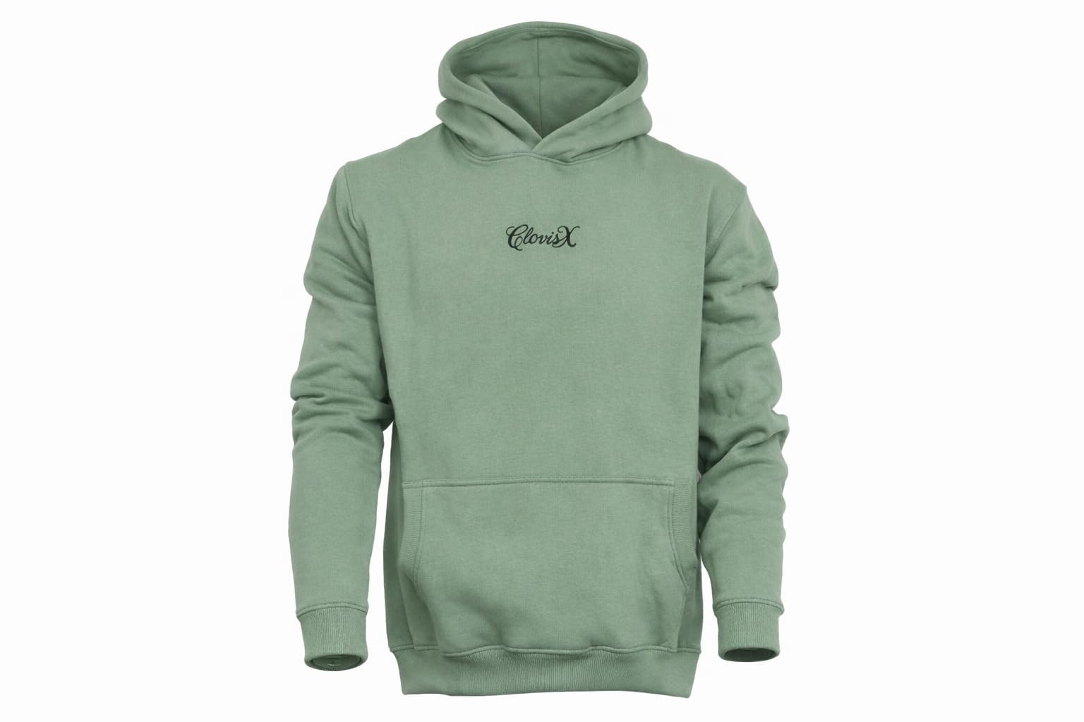 CLOVISX Signature Script Embroidery Hoodie (Soft Sage) – 380 GSM Heavyweight Fleece Unisex Pullover, 80/20 Cotton Blend, Kangaroo Pocket