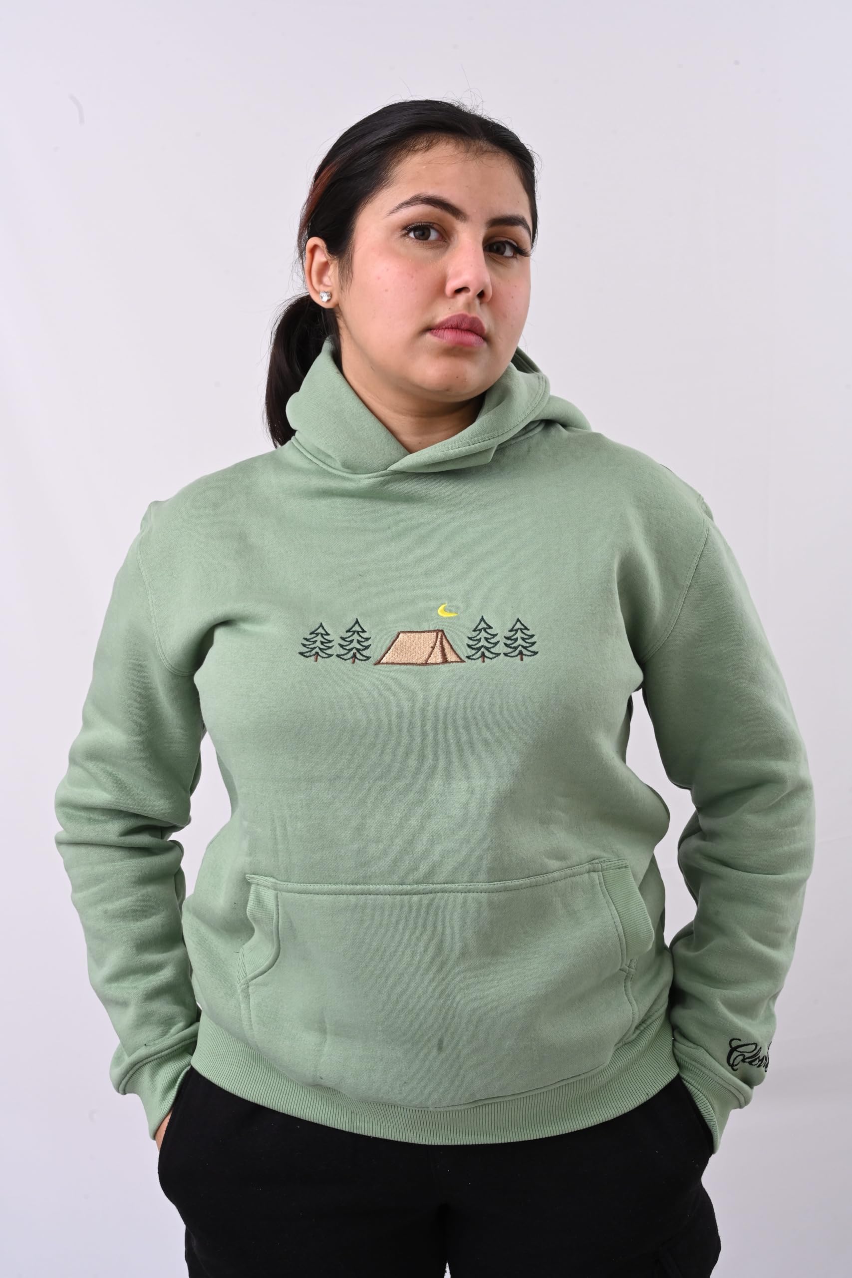CLOVISX Nightfall Camp Embroidery Hoodie (Soft Sage) – 380 GSM Heavyweight Fleece Unisex Pullover, 80/20 Cotton Blend, Kangaroo Pocket