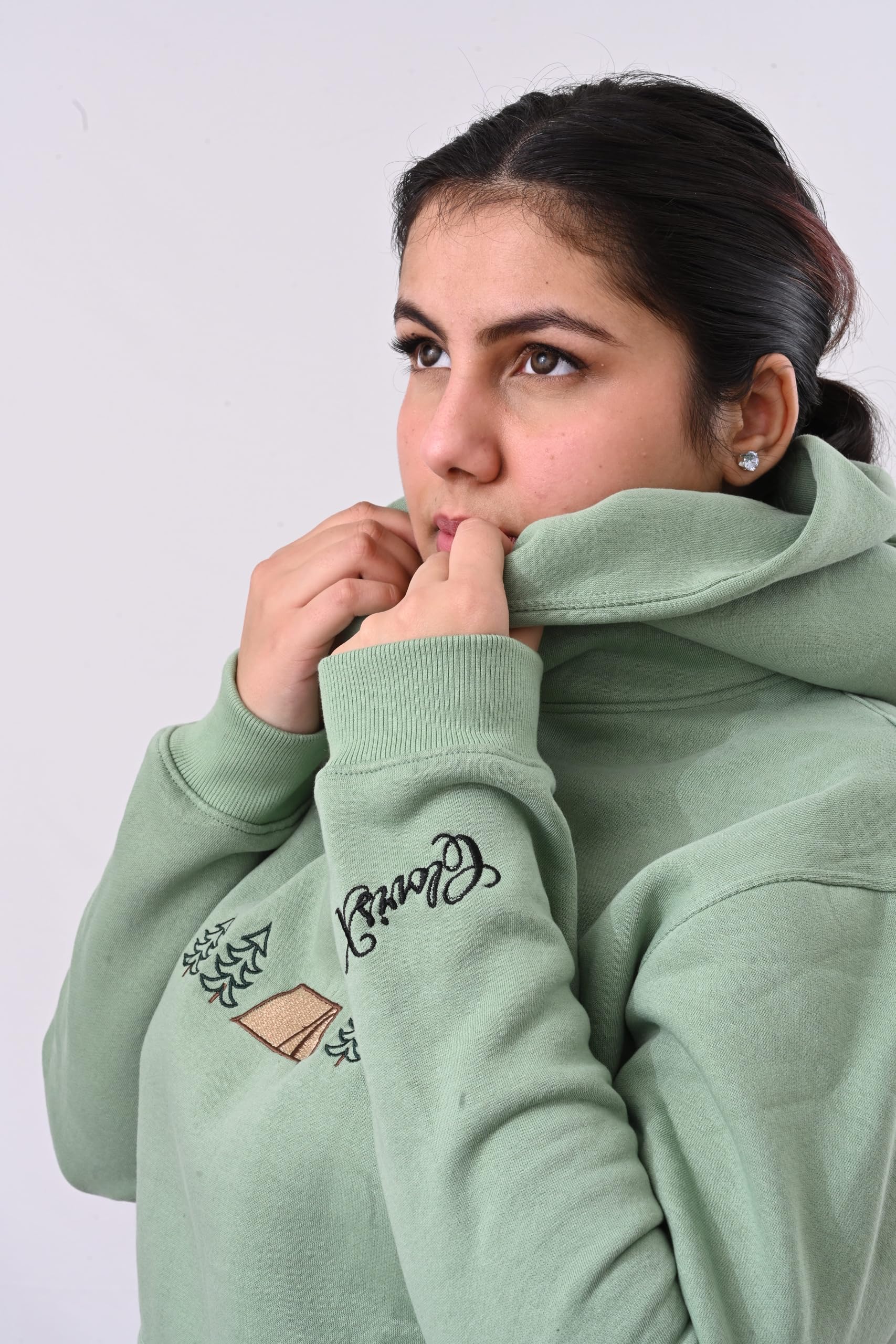 CLOVISX Nightfall Camp Embroidery Hoodie (Soft Sage) – 380 GSM Heavyweight Fleece Unisex Pullover, 80/20 Cotton Blend, Kangaroo Pocket