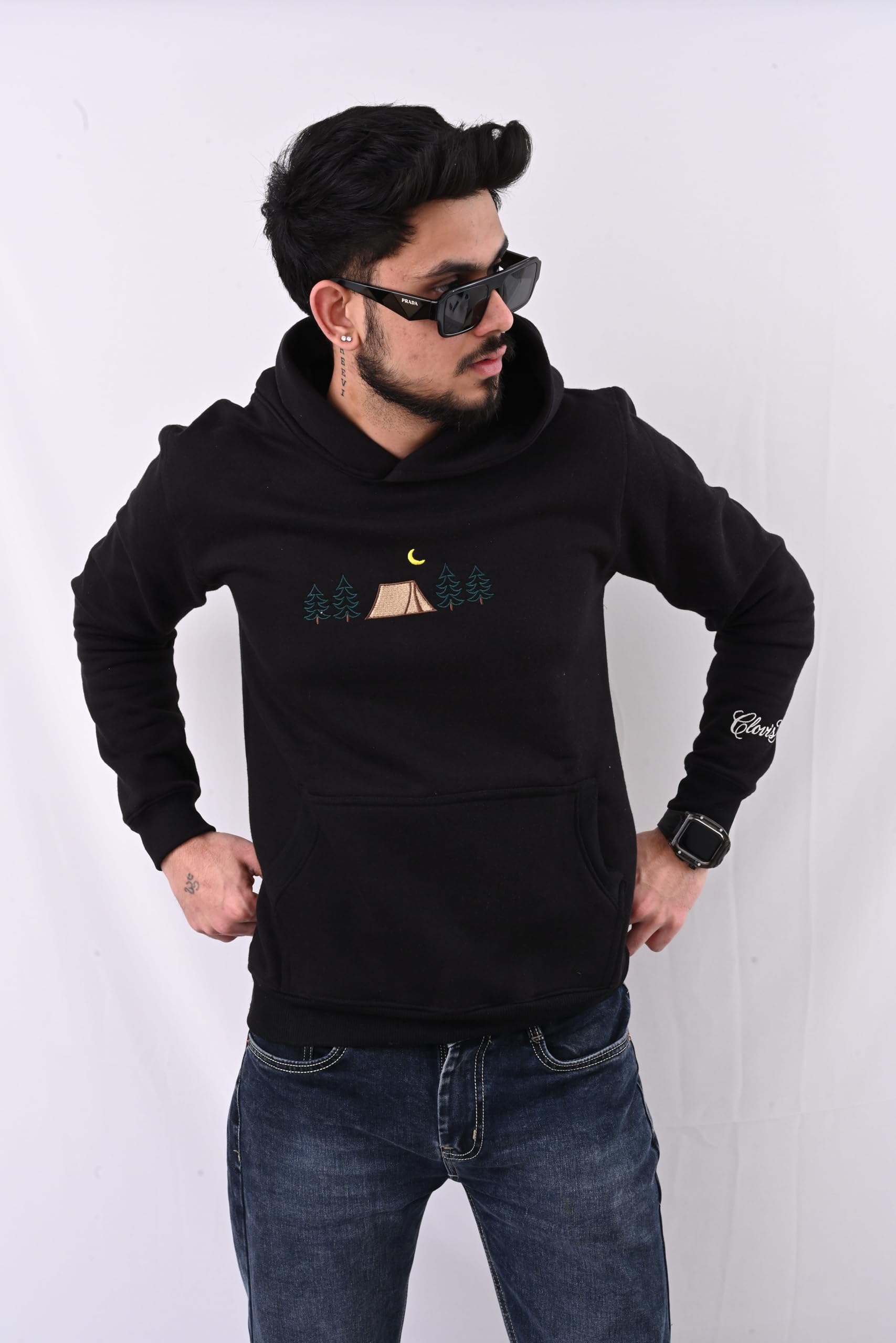 CLOVISX Nightfall Camp Embroidery Hoodie (Onyx Black) – 380 GSM Heavyweight Fleece Unisex Pullover, 80/20 Cotton Blend, Kangaroo Pocket